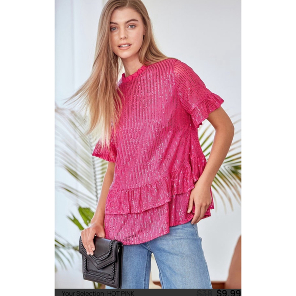 ANDREE BY UNIT Tops - Women's Andre by Unit Hot Pink Sequin Ruffle Blouse Size L